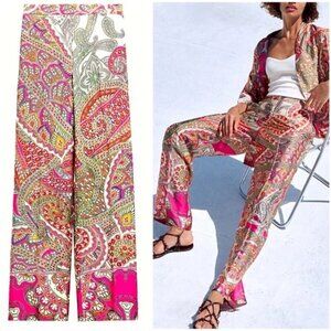 NEW Zara Pants  Colorful Floral Wide Leg Size Small‎ Satin beach pajama style